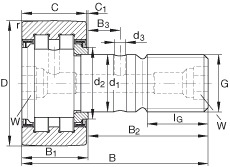 螺栓型滾輪 PWKR62-2RS, 軸向引導(dǎo)，滿裝圓柱滾子，兩側(cè)唇密封