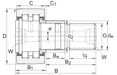 螺栓型滾輪 PWKRE72-2RS, 軸向引導(dǎo)，滿裝圓柱滾子，帶偏心擋圈，兩側(cè)唇密封