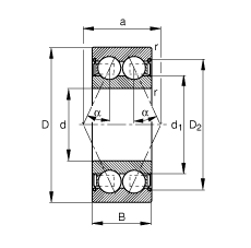 角接觸球軸承 3800-B-2Z-TVH, 雙列，雙側(cè)間隙密封，接觸角 α = 25°