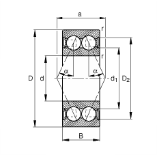 角接觸球軸承 3808-B-2RSR-TVH, 雙列，雙側(cè)唇密封，接觸角 α = 25°