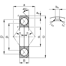 四點(diǎn)接觸球軸承 QJ220-N2-MPA, 根據(jù) DIN 628-4 的主要尺寸， 可以拆卸，剖分內(nèi)圈，帶兩個(gè)止動(dòng)槽