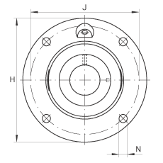 軸承座單元 RME100, 帶四個螺栓孔的法蘭的軸承座單元，定心凸出物，鑄鐵，偏心鎖圈，R 型密封