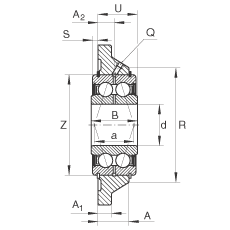 軸承座單元 PCCJ40, 帶四個螺栓孔的法蘭的軸承座單元，鑄鐵，雙列角接觸球軸承，P 型密封